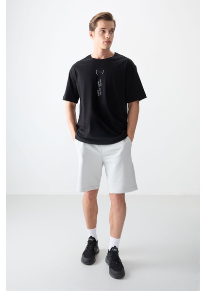 Siyah %100 Pamuk Kalın Yumuşak Dokulu Oversize Fit Baskılı Erkek T-Shirt - 88355 indirimleri