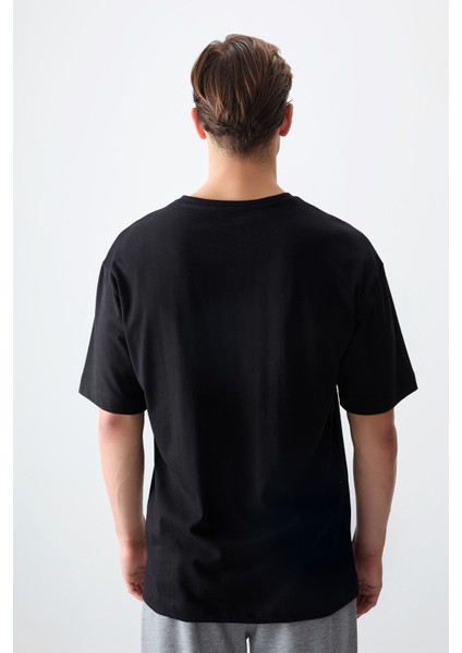 Siyah %100 Pamuk Kalın Yumuşak Dokulu Oversize Fit Baskılı Erkek T-Shirt - 88358 fırsatları
