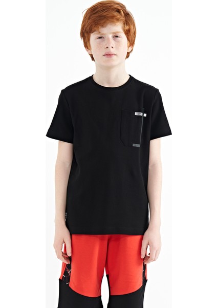Siyah Cep Detaylı O Yaka Standart Kalıp Erkek Çocuk T-Shirt - 11120