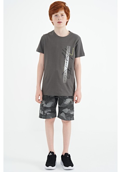 Koyu Gri Yazı Baskılı O Yaka Standart Kalıp Erkek Çocuk T-Shirt - 11119 fiyatları