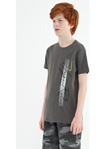 Koyu Gri Yazı Baskılı O Yaka Standart Kalıp Erkek Çocuk T-Shirt - 11119 modelleri