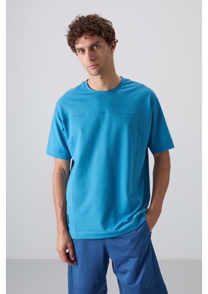 Petrol Mavi Pamuklu Kalın Yumuşak Dokulu Oversize Fit Basic Erkek T-Shirt - 88349