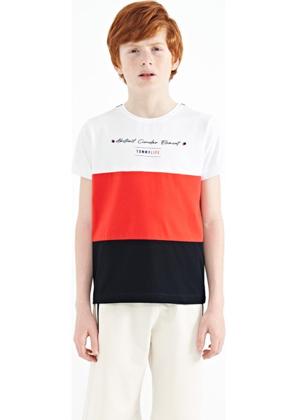 Lacivert Renk Bloklu O Yaka Baskı Detaylı Standart Kalıp Erkek Çocuk T-Shirt - 11135