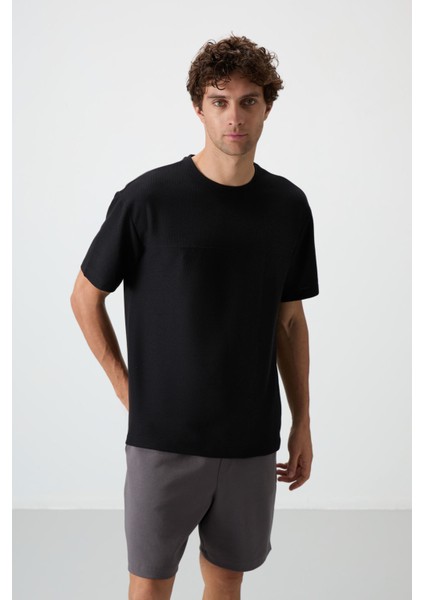 Siyah Waffle İnterlok Yüzeyi Dokulu Oversize Fit Basic Erkek T-Shirt - 88380