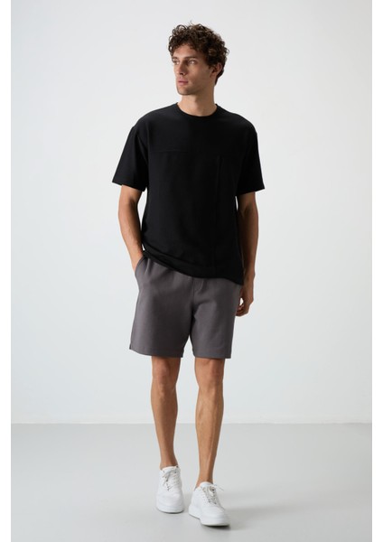 Siyah Waffle İnterlok Yüzeyi Dokulu Oversize Fit Basic Erkek T-Shirt - 88380 fiyatları