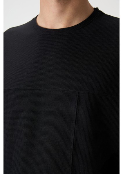 Siyah Waffle İnterlok Yüzeyi Dokulu Oversize Fit Basic Erkek T-Shirt - 88380 modelleri