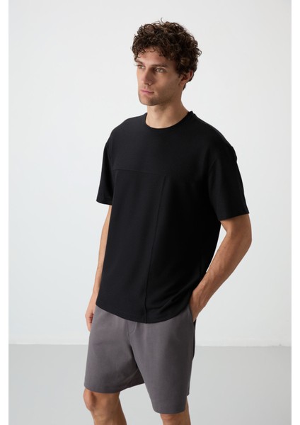 Siyah Waffle İnterlok Yüzeyi Dokulu Oversize Fit Basic Erkek T-Shirt - 88380 fırsatları