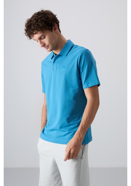 Petrol Mavi Pamuklu Kalın Yumuşak Dokulu Standart Fit Basic Polo Yaka Erkek T-Shirt - 88348
