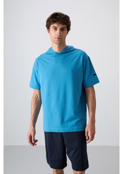 Petrol Mavi Pamuklu Kalın Yumuşak Dokulu Oversize Fit Basic Erkek T-Shirt - 88352