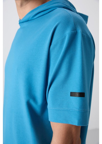 Petrol Mavi Pamuklu Kalın Yumuşak Dokulu Oversize Fit Basic Erkek T-Shirt - 88352 modelleri