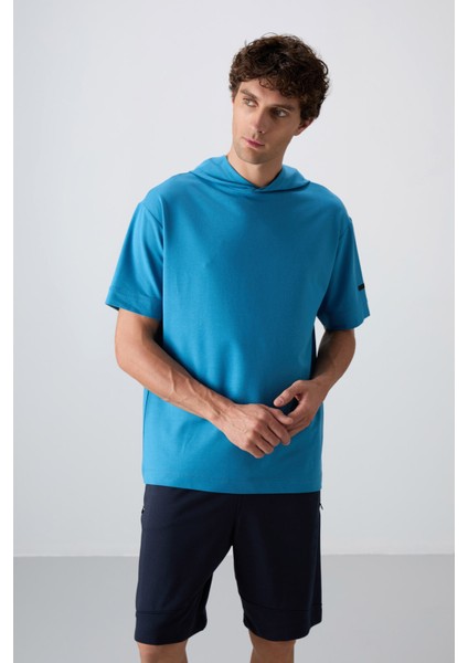 Petrol Mavi Pamuklu Kalın Yumuşak Dokulu Oversize Fit Basic Erkek T-Shirt - 88352 fırsatları