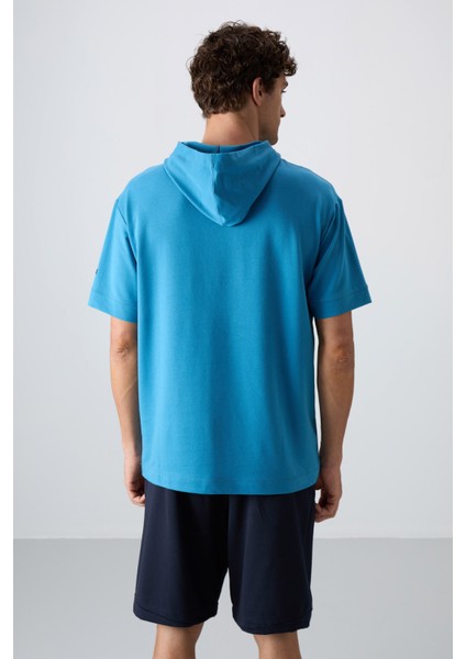 Petrol Mavi Pamuklu Kalın Yumuşak Dokulu Oversize Fit Basic Erkek T-Shirt - 88352 indirimleri