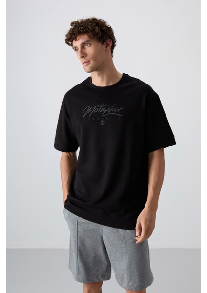 Siyah Pamuklu Kalın Yumuşak Dokulu Oversize Fit Baskılı Erkek T-Shirt - 88320
