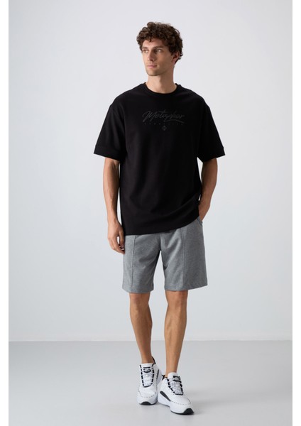 Siyah Pamuklu Kalın Yumuşak Dokulu Oversize Fit Baskılı Erkek T-Shirt - 88320 fiyatları