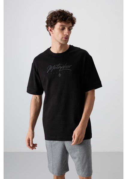 Siyah Pamuklu Kalın Yumuşak Dokulu Oversize Fit Baskılı Erkek T-Shirt - 88320 modelleri