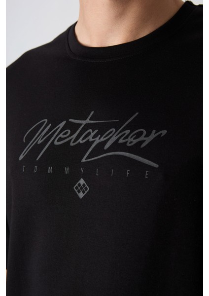 Siyah Pamuklu Kalın Yumuşak Dokulu Oversize Fit Baskılı Erkek T-Shirt - 88320 fırsatları