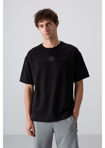 Siyah Pamuklu Kalın Yumuşak Dokulu Oversize Fit Baskılı Erkek T-Shirt - 88323