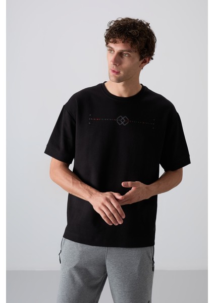 Siyah Pamuklu Kalın Yumuşak Dokulu Oversize Fit Baskılı Erkek T-Shirt - 88323 fiyatları