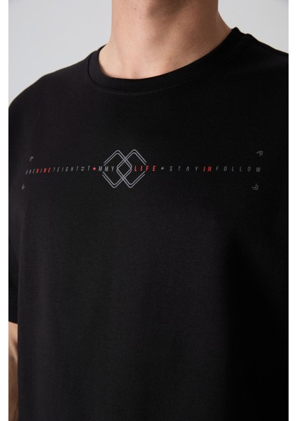 Siyah Pamuklu Kalın Yumuşak Dokulu Oversize Fit Baskılı Erkek T-Shirt - 88323 modelleri