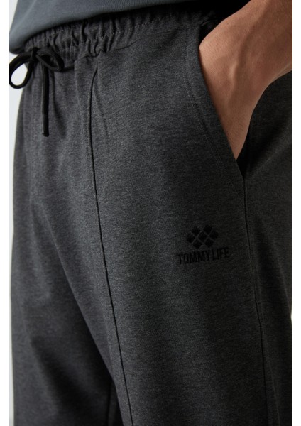 Antrasıt Melanj Pamuklu Yumuşak Dokulu Comfort Fit Nakışlı Erkek Jogger - 82123 modelleri