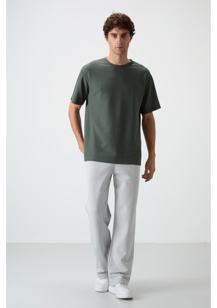 Haki Waffle İnterlok Yüzeyi Dokulu Oversize Fit Basic Erkek T-Shirt - 88379 fiyatları