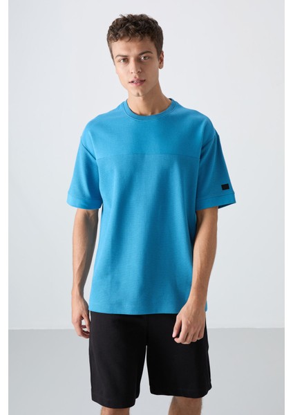 Petrol Mavi Pamuklu Kalın Yüzeyi Dokulu Oversize Fit Basic Erkek T-Shirt - 88340