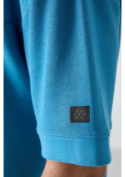 Petrol Mavi Pamuklu Kalın Yüzeyi Dokulu Oversize Fit Basic Erkek T-Shirt - 88340 modelleri