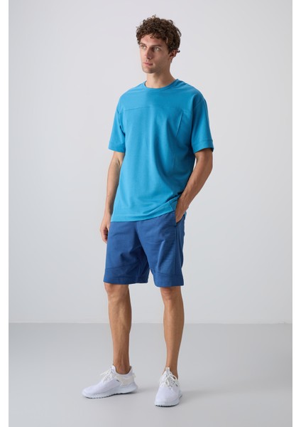 Petrol Mavi Pamuklu Kalın Yumuşak Dokulu Oversize Fit Basic Erkek T-Shirt - 88349 indirimleri