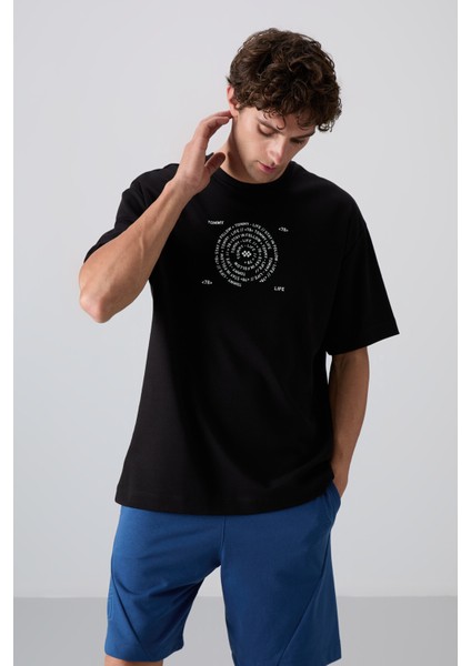 Siyah - Beyaz Pamuklu Kalın Yumuşak Dokulu Oversize Fit Baskılı Erkek T-Shirt - 88324