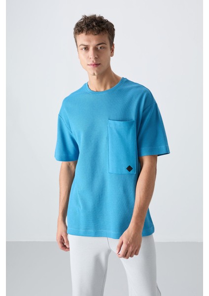 Petrol Mavi Pamuklu Kalın Yüzeyi Dokulu Oversize Fit Basic Erkek T-Shirt - 88341