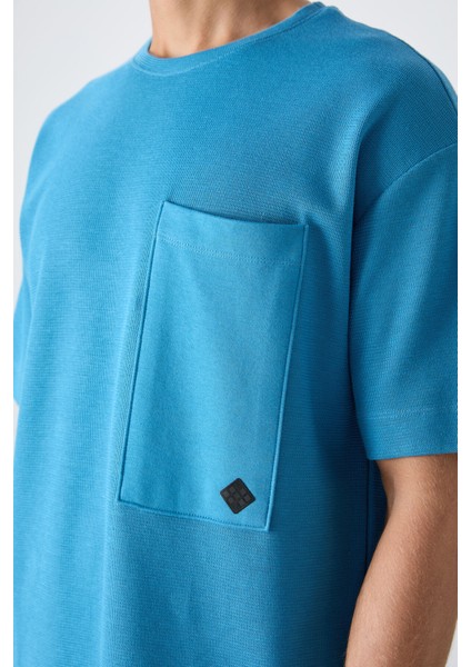 Petrol Mavi Pamuklu Kalın Yüzeyi Dokulu Oversize Fit Basic Erkek T-Shirt - 88341 modelleri