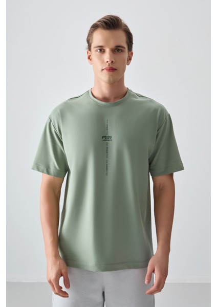 Açık Yeşil Pamuklu Kalın Yumuşak Dokulu Oversize Fit Baskılı Erkek T-Shirt - 88373