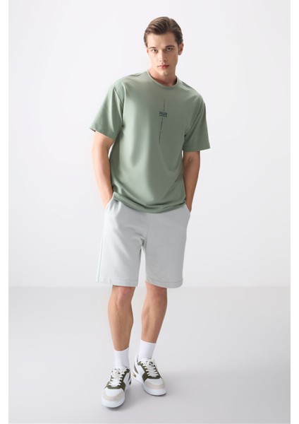 Açık Yeşil Pamuklu Kalın Yumuşak Dokulu Oversize Fit Baskılı Erkek T-Shirt - 88373 modelleri