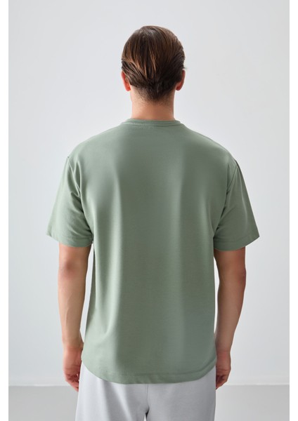 Açık Yeşil Pamuklu Kalın Yumuşak Dokulu Oversize Fit Baskılı Erkek T-Shirt - 88373 indirimleri