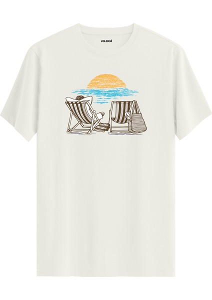 Plaj Sandalyesi Gün Batımı Baskılı Günlük Rahat Tarz %100 Pamuk Tişört