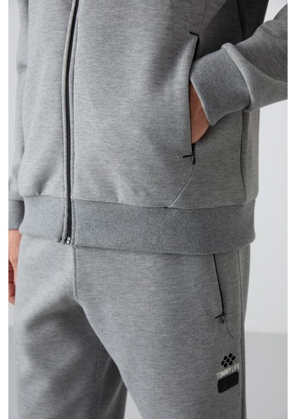 Gri Melanj Pamuklu Kalın Yumuşak Dokulu Comfort Fit Baskılı Erkek Eşofman Takım - 85236 modelleri