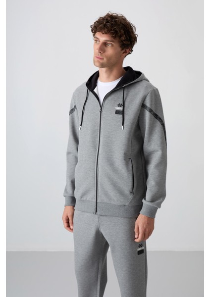 Gri Melanj Pamuklu Kalın Yumuşak Dokulu Comfort Fit Baskılı Erkek Eşofman Takım - 85236 indirimleri