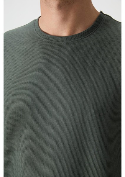 Haki Waffle İnterlok Yüzeyi Dokulu Oversize Fit Basic Erkek T-Shirt - 88379 modelleri