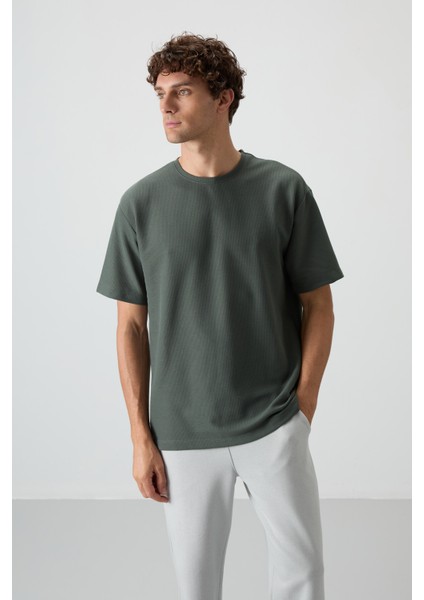 Haki Waffle İnterlok Yüzeyi Dokulu Oversize Fit Basic Erkek T-Shirt - 88379 fırsatları