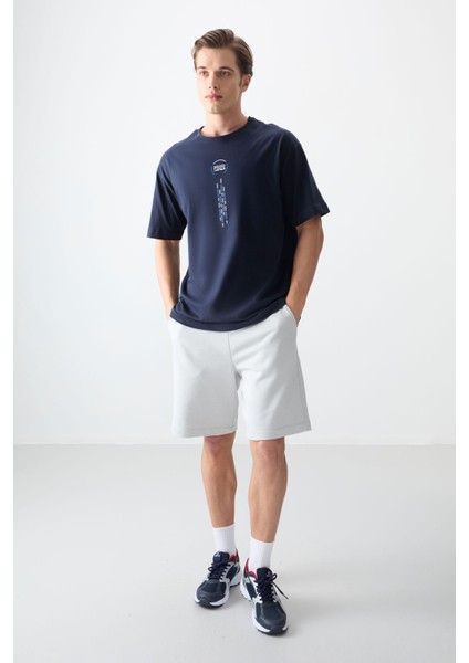 Lacivert %100 Pamuk Kalın Yumuşak Dokulu Oversize Fit Baskılı Erkek T-Shirt - 88355