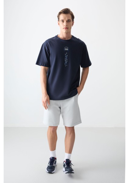 Lacivert %100 Pamuk Kalın Yumuşak Dokulu Oversize Fit Baskılı Erkek T-Shirt - 88355 modelleri