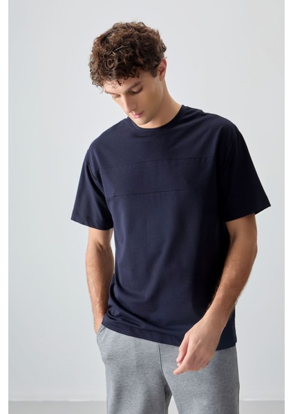 Lacivert Pamuklu Kalın Yumuşak Dokulu Oversize Fit Basic Erkek T-Shirt - 88378