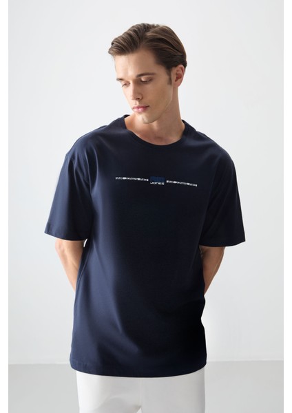 Lacivert %100 Pamuk Kalın Yumuşak Dokulu Oversize Fit Baskılı Erkek T-Shirt - 88357