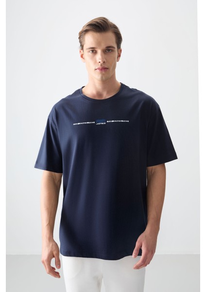 Lacivert %100 Pamuk Kalın Yumuşak Dokulu Oversize Fit Baskılı Erkek T-Shirt - 88357 fırsatları