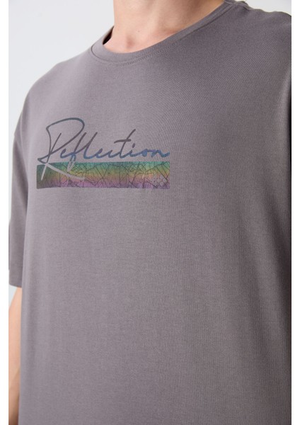 Koyu Gri Pamuklu Kalın Yumuşak Dokulu Oversize Fit Baskılı Erkek T-Shirt - 88334 modelleri