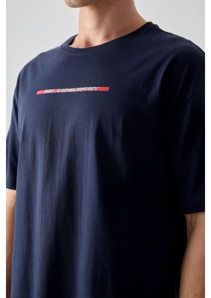 Lacivert %100 Pamuk Kalın Yumuşak Dokulu Oversize Fit Baskılı Erkek T-Shirt - 88358 fiyatları