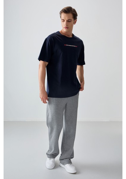 Lacivert %100 Pamuk Kalın Yumuşak Dokulu Oversize Fit Baskılı Erkek T-Shirt - 88358 fırsatları