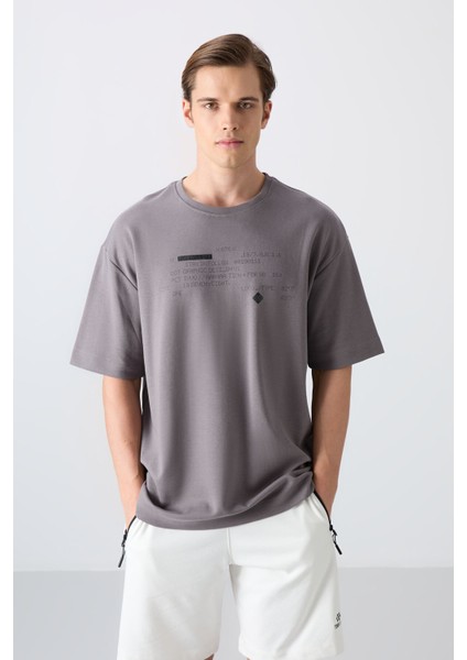 Koyu Gri Pamuklu Kalın Yumuşak Dokulu Oversize Fit Baskılı Erkek T-Shirt - 88326