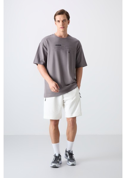 Koyu Gri Pamuklu Kalın Yumuşak Dokulu Oversize Fit Baskılı Erkek T-Shirt - 88326 fiyatları