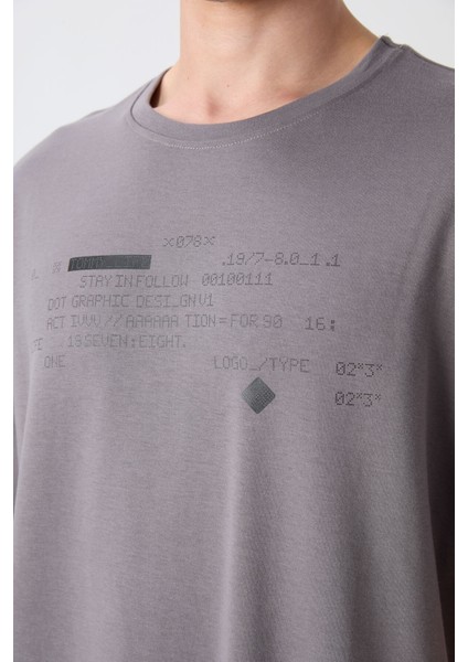 Koyu Gri Pamuklu Kalın Yumuşak Dokulu Oversize Fit Baskılı Erkek T-Shirt - 88326 modelleri